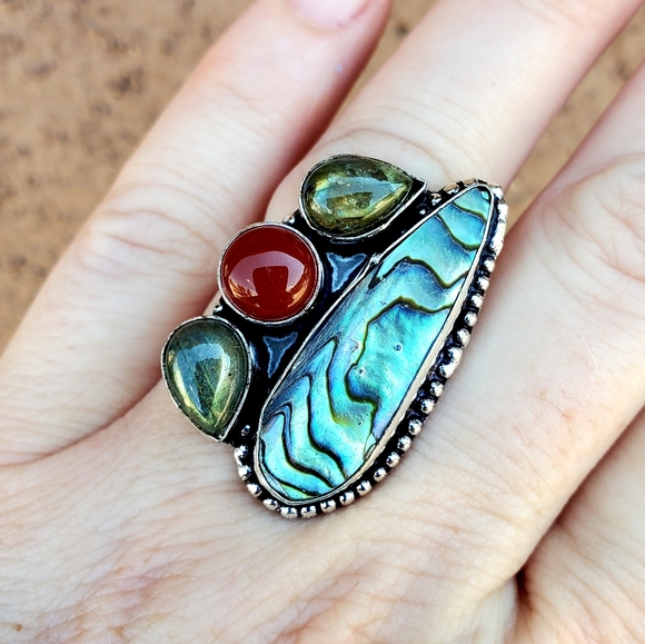 New Abalone Shell, Carnelian & Labradorite 925 Silver Ring. - Picture 6 of 16